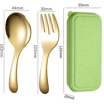 Mini set portabil de furculiță cu lingură din oțel inoxidabil pentru depozitare Desert Fructe Instrument pentru muncă, școală, veselă cu mâner scurt, potrivit pentru copii