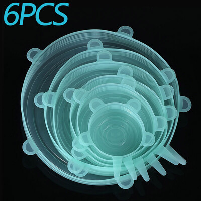 6 vnt. elastiniai silikoniniai dangteliai, tamprūs dangteliai, sandarūs maisto įvyniojimai, išlaikantys šviežią sandarumą.