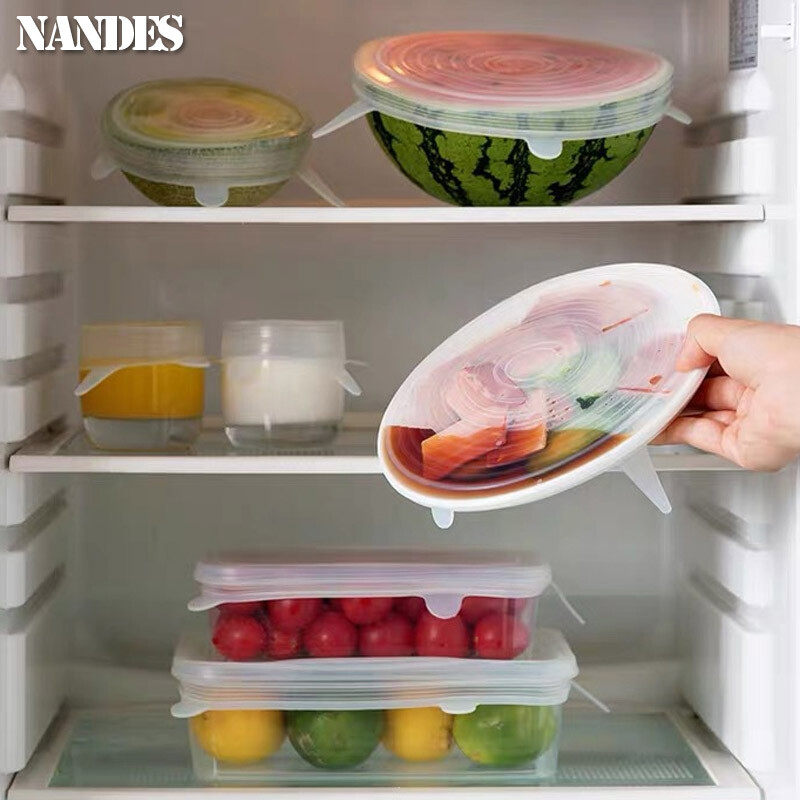 6 vnt. elastiniai silikoniniai dangteliai, tamprūs dangteliai, sandarūs maisto įvyniojimai, išlaikantys šviežią sandarumą.