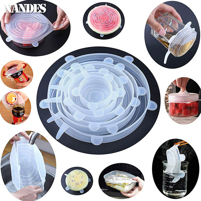 6 vnt. elastiniai silikoniniai dangteliai, tamprūs dangteliai, sandarūs maisto įvyniojimai, išlaikantys šviežią sandarumą.