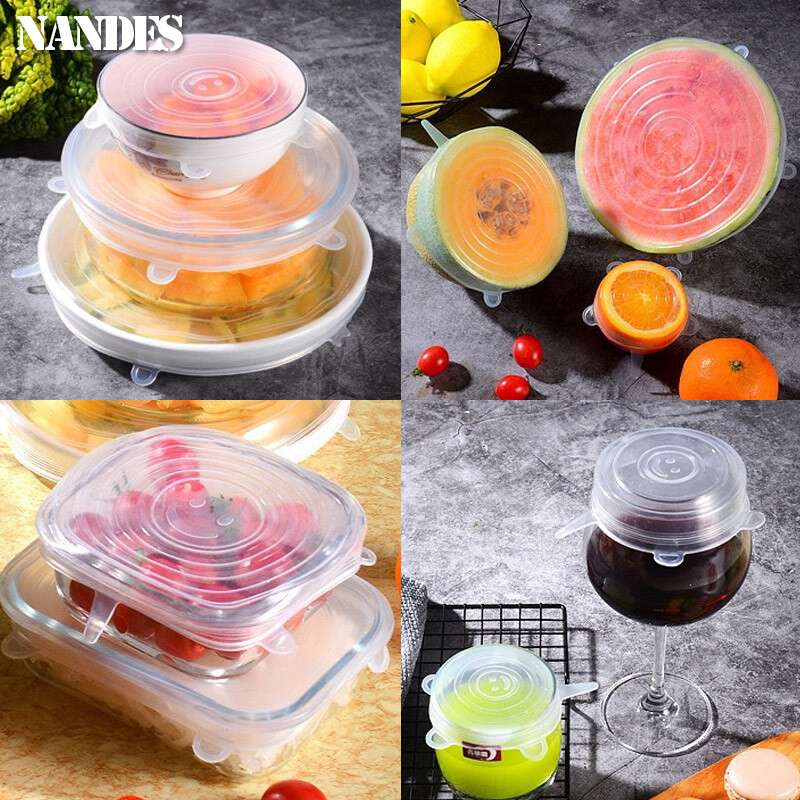 6 vnt. elastiniai silikoniniai dangteliai, tamprūs dangteliai, sandarūs maisto įvyniojimai, išlaikantys šviežią sandarumą.