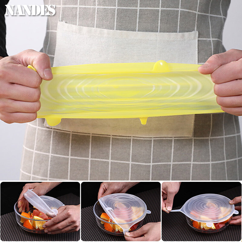 6 vnt. elastiniai silikoniniai dangteliai, tamprūs dangteliai, sandarūs maisto įvyniojimai, išlaikantys šviežią sandarumą.