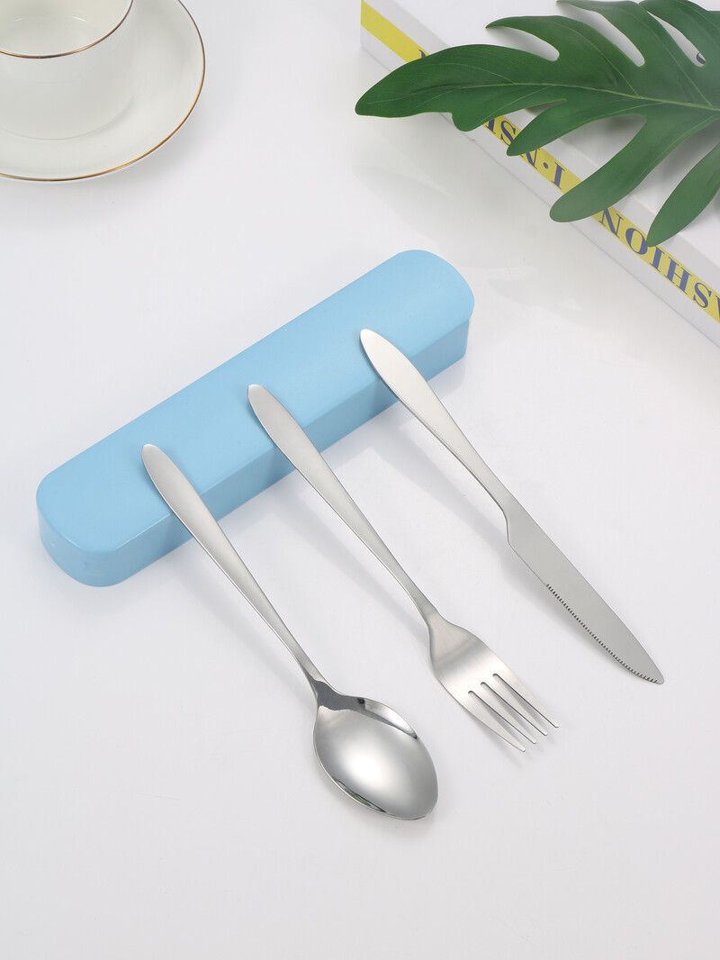 3 részes hordozható étkészlet Doboz rozsdamentes acél Kés, villa és kanál étkészlet Utazási gyerek étkészlet Iskolai étterem