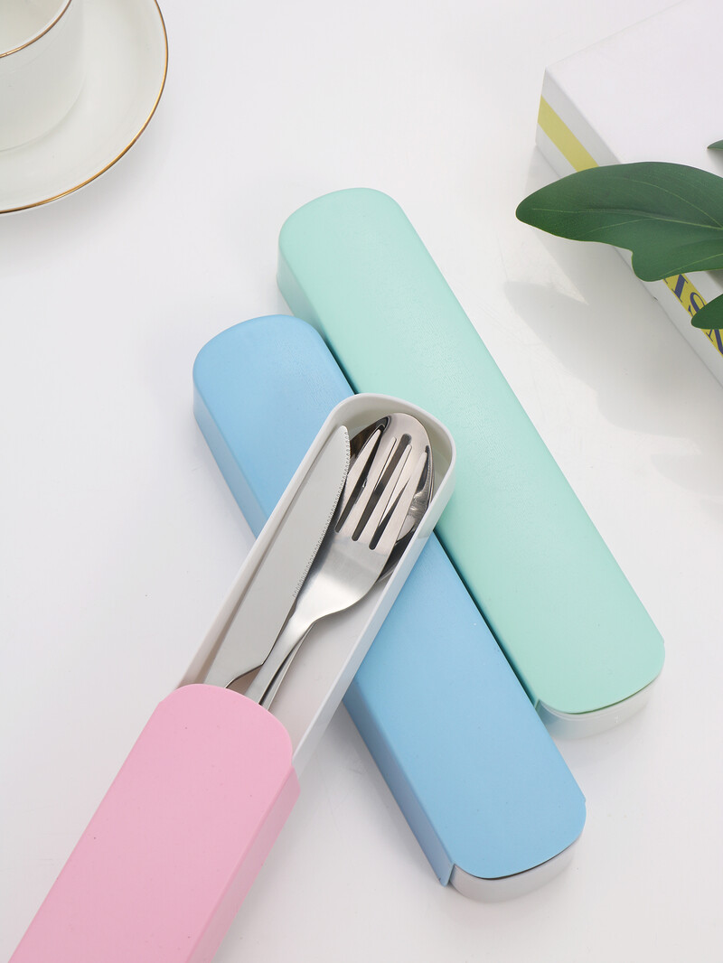 3 részes hordozható étkészlet Doboz rozsdamentes acél Kés, villa és kanál étkészlet Utazási gyerek étkészlet Iskolai étterem