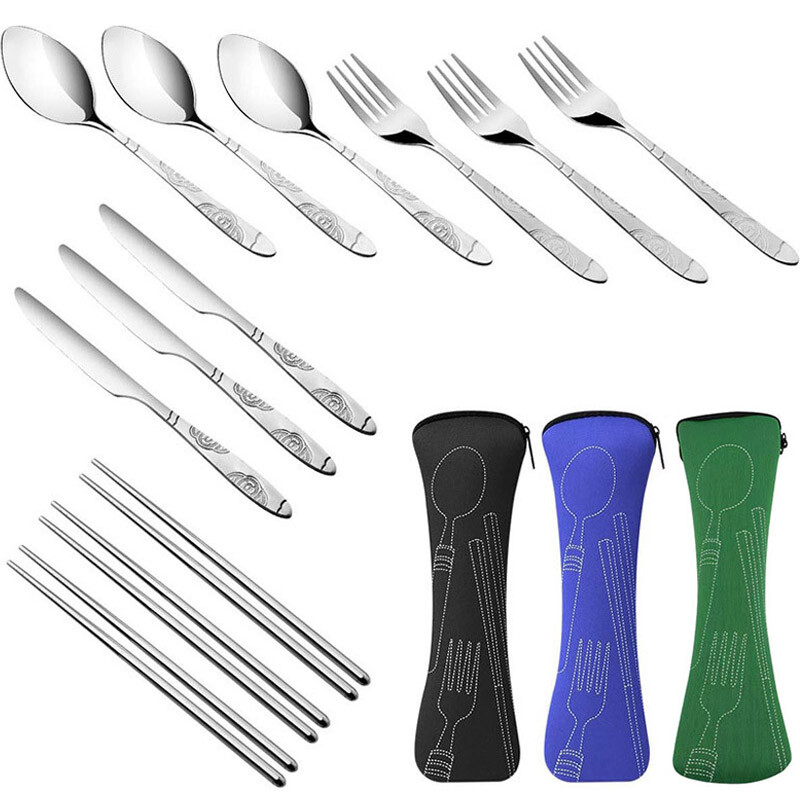 Rozsdamentes acél evőeszköz táska, mosható cipzáras evőeszközkészlettel. Hordozható tasak vacsorához Háztartási szerszám Utazó kemping kanál