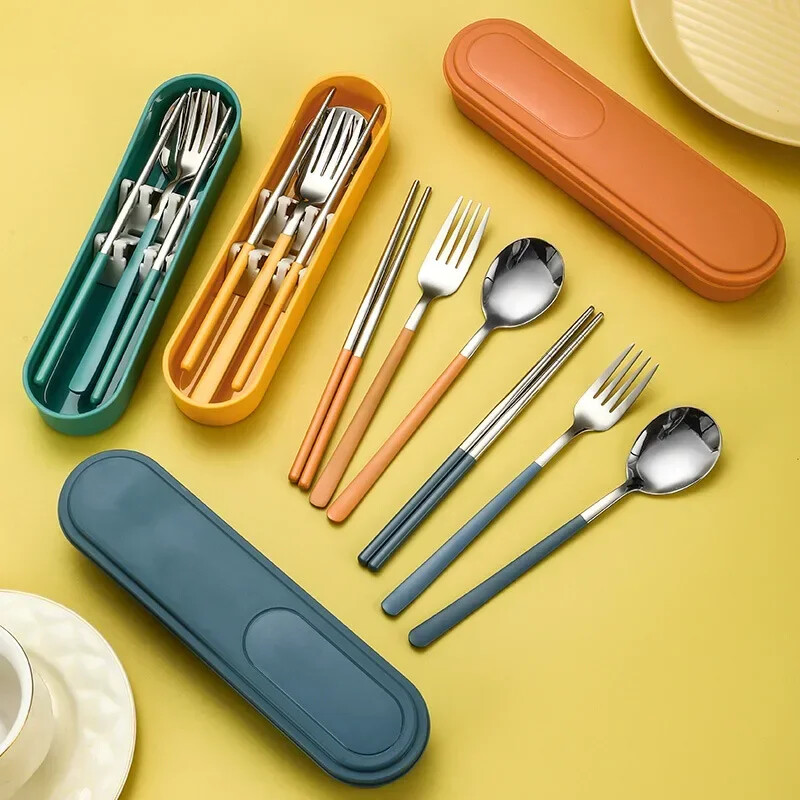 Φορητό σετ μαχαιροπήρουνων από ανοξείδωτο ατσάλι με κουτί αποθήκευσης, 304 ατσάλινο κουτάλι πιρουνιού, μαχαιροπήρουνα ταξιδιού για μαθητικούς εξωτερικούς χώρους, σετ σερβίτσιων