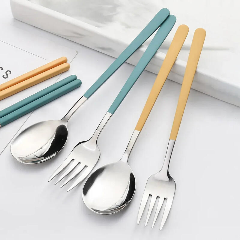 Φορητό σετ μαχαιροπήρουνων από ανοξείδωτο ατσάλι με κουτί αποθήκευσης, 304 ατσάλινο κουτάλι πιρουνιού, μαχαιροπήρουνα ταξιδιού για μαθητικούς εξωτερικούς χώρους, σετ σερβίτσιων