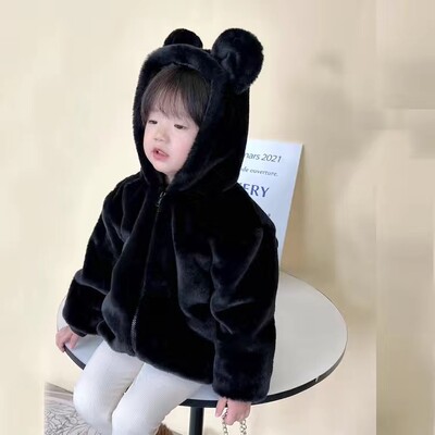 Miela Big Ear pliušinė striukė kūdikiui Nauja rudens žiemos šilti dirbtinio kailio paltai mergaitėms su gobtuvu sniego paltai Minkšti vaikiški viršutiniai drabužiai