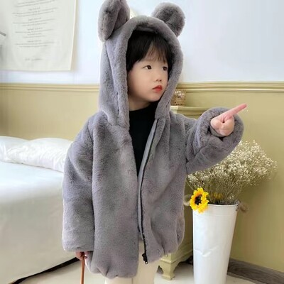 Miela Big Ear pliušinė striukė kūdikiui Nauja rudens žiemos šilti dirbtinio kailio paltai mergaitėms su gobtuvu sniego paltai Minkšti vaikiški viršutiniai drabužiai