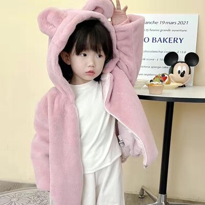 Miela Big Ear pliušinė striukė kūdikiui Nauja rudens žiemos šilti dirbtinio kailio paltai mergaitėms su gobtuvu sniego paltai Minkšti vaikiški viršutiniai drabužiai