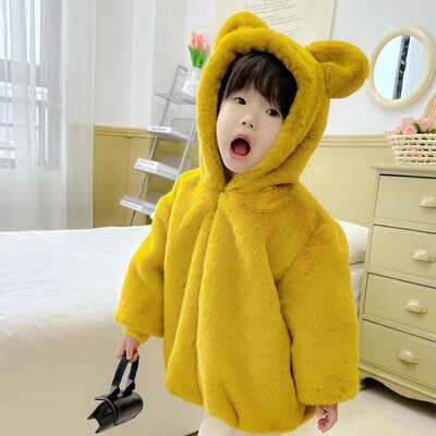 Miela Big Ear pliušinė striukė kūdikiui Nauja rudens žiemos šilti dirbtinio kailio paltai mergaitėms su gobtuvu sniego paltai Minkšti vaikiški viršutiniai drabužiai