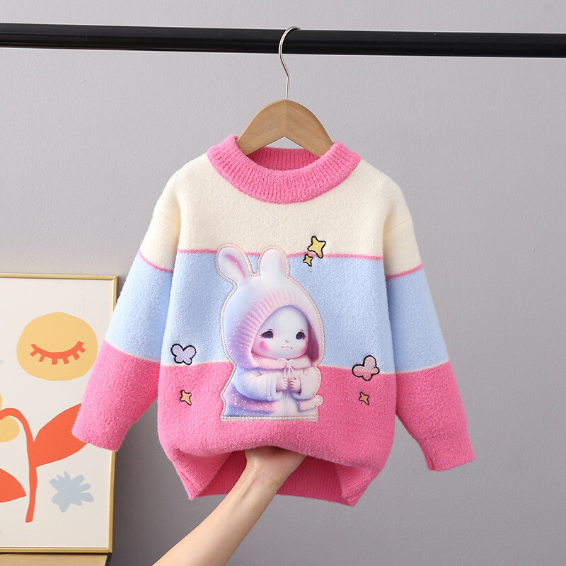 Gyermek pulóverek Őszi téli lányok bolyhos pulóver, vastag, meleg lányok rajzfilm nyúl O-nyakú teljes ujjú kötött ing