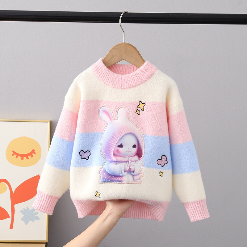 Gyermek pulóverek Őszi téli lányok bolyhos pulóver, vastag, meleg lányok rajzfilm nyúl O-nyakú teljes ujjú kötött ing