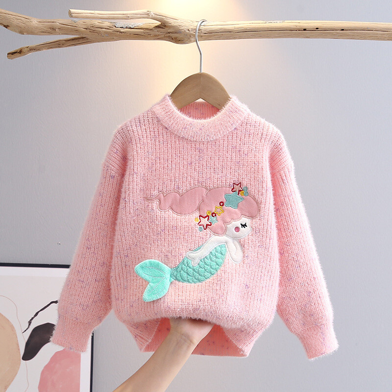 Îmbrăcăminte pentru copii Toamna Iarnă Moda pentru fete Pulover tricotat îngroșat pentru copii Fată Desen animat Sirenă Top colorat HY08181