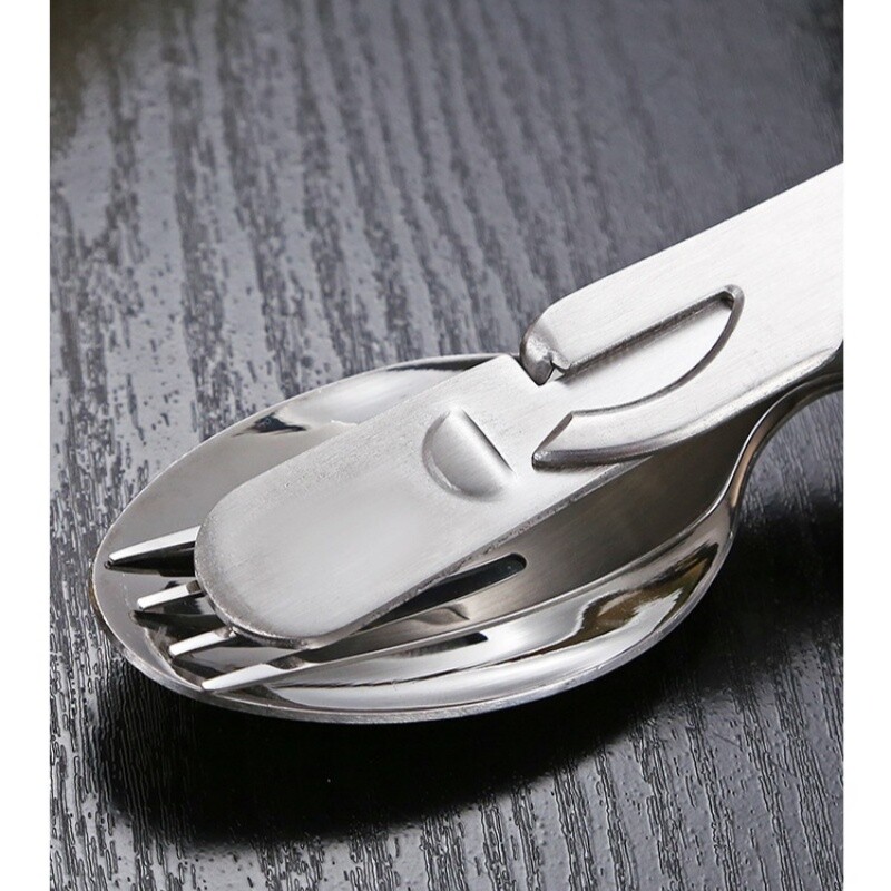 Nerūdijančio plieno nešiojamas lauko kempingas Daugiafunkcis kombinuotas stalo įrankių peilių ir šakučių rinkinys karinis ventiliatoriaus šakutė ir šaukštas