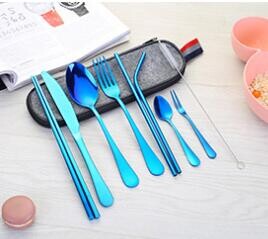 Rozsdamentes acél étkészlet, hordozható kés, villa, kanál, pálcika, szalma, western, utazási ajándék, 9 db-os készlet