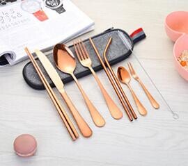 Rozsdamentes acél étkészlet, hordozható kés, villa, kanál, pálcika, szalma, western, utazási ajándék, 9 db-os készlet