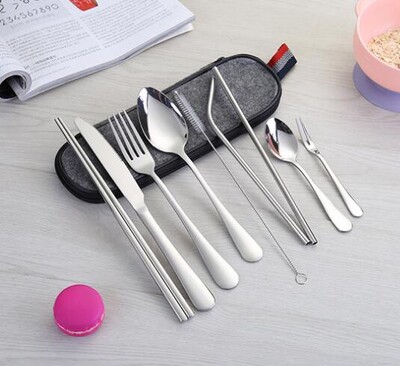 Rozsdamentes acél étkészlet, hordozható kés, villa, kanál, pálcika, szalma, western, utazási ajándék, 9 db-os készlet