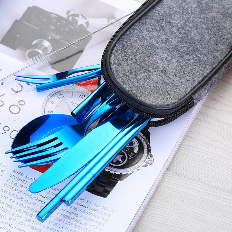 Rozsdamentes acél étkészlet, hordozható kés, villa, kanál, pálcika, szalma, western, utazási ajándék, 9 db-os készlet