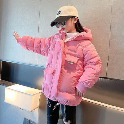 -30℃ Χειμώνας 2024 Νέο Γυναικείο Μπουφάν Parka Μονόχρωμο Παλτό με ζεστή κουκούλα για 4-14 ετών Μόδα πουπουλένιο βαμβακερό παλτό