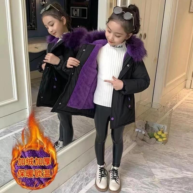 Νέο Μεγάλο Μέγεθος Teen-agers Χειμερινό μπουφάν για κορίτσια με γούνινο γιακά με επένδυση με βελούδινη κουκούλα χοντρό παλτό για παιδιά Παιδικό δώρο γενεθλίων
