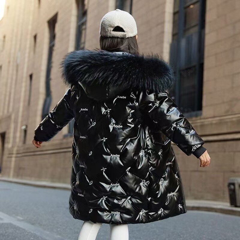 Jachete cu glugă din pluș pentru fetiță -30° Copii îngroșează îmbrăcămintea exterioară Nouă iarnă paltoane lucioase, antivânt, parcas de modă, pardesiu cald pentru copii