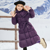 Mergaičių pūkinė paminkštinta striukė pastorinta šilta vidutinio ilgio paltai užsienietiška juosmens vaikams 2024 m. žiemos drabužiai Naujas Europos mados stilius