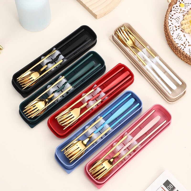 3 kom/set Pribor za jelo s držačem za kutiju Posuđe za jelo Žlica Vilica Štapići Set Putno posuđe za jelo Nehrđajući Putni set pribora za jelo Kutija za posuđe