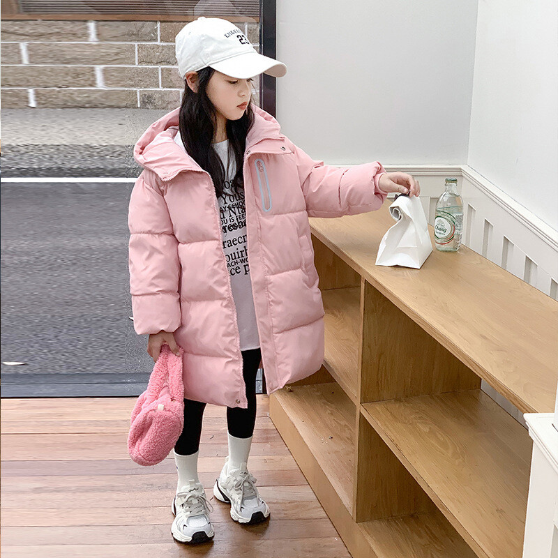 2024. gada ziemas jauna meiteņu jaka, gara vienkrāsaina, bieza, silta ar kapuci, virsdrēbes 3–10 gadu pusaudžu meitenēm, ikdienišķa kokvilnas vēja aizsargs