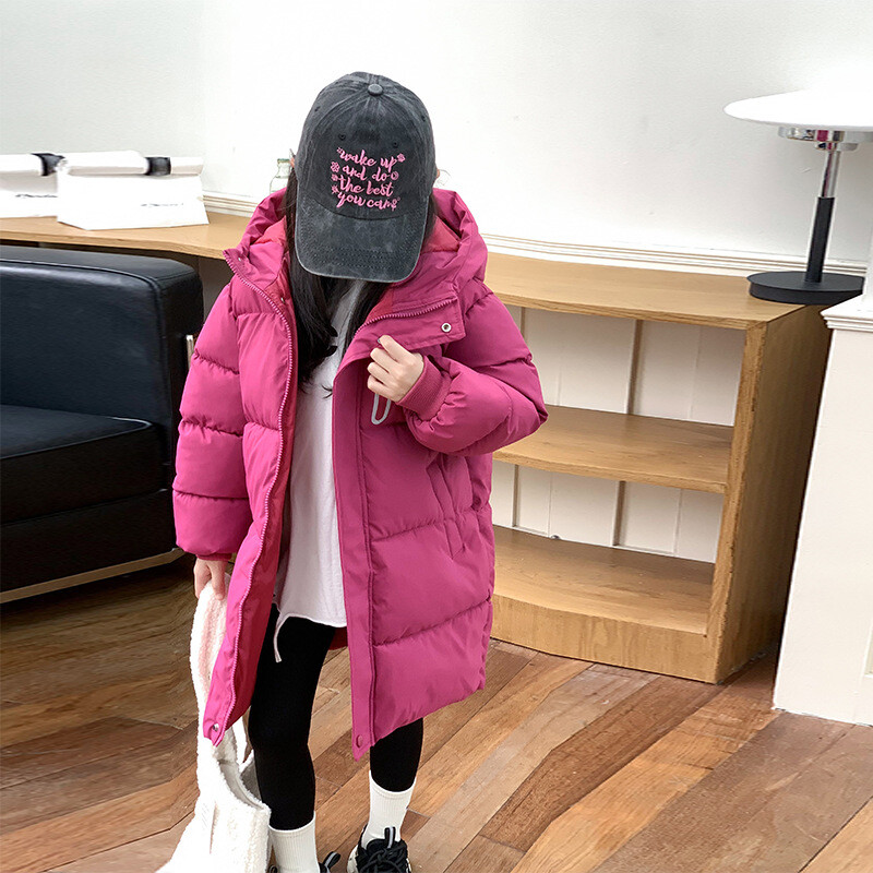 2024. gada ziemas jauna meiteņu jaka, gara vienkrāsaina, bieza, silta ar kapuci, virsdrēbes 3–10 gadu pusaudžu meitenēm, ikdienišķa kokvilnas vēja aizsargs