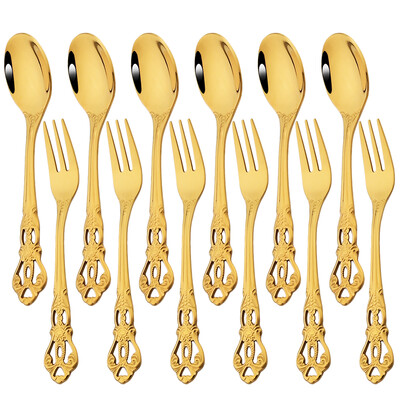 6/12 τμχ Royal Gold Σετ μαχαιροπήρουνα από ανοξείδωτο ατσάλι Μαχαιροπίρουνα Western Κουτάλια καφέ Πιρούνι για κέικ φρούτων Ασημικά