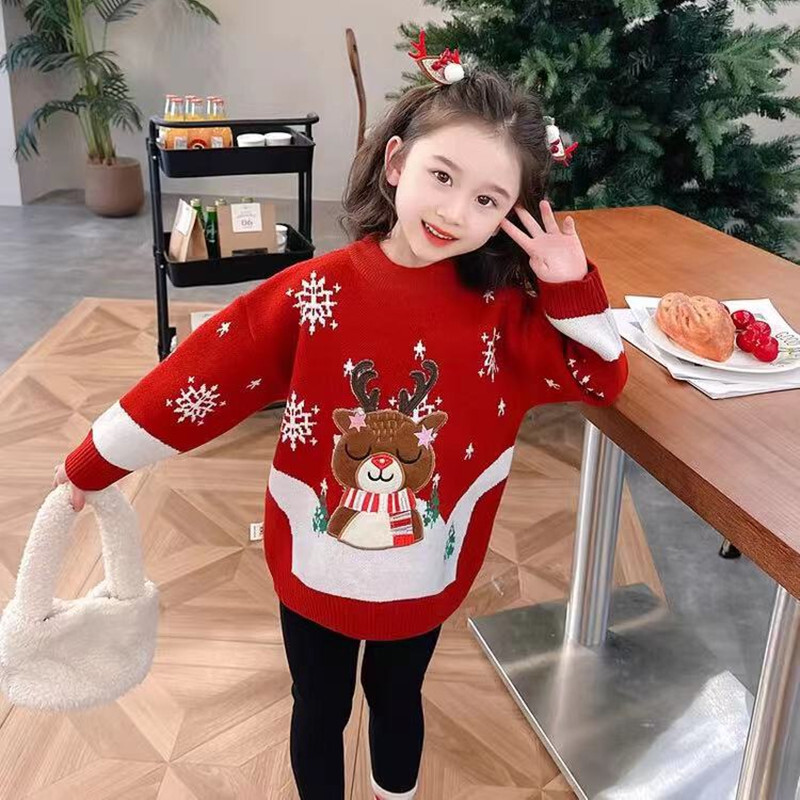 Vaikų mergaičių kalėdinis elnio megztinis megztinis 2024 m. rudens/žiemos naujas snaigės trikotažas Kūdikių mados megztinis Žieminiai drabužiai