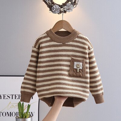 Aukštos kokybės megztinis su kišene Žiemos berniukas Vaikiškas storas megztas marškiniai su iškirpte Stripes Little Boys Megztinis laisvalaikio megztiniai HY09112