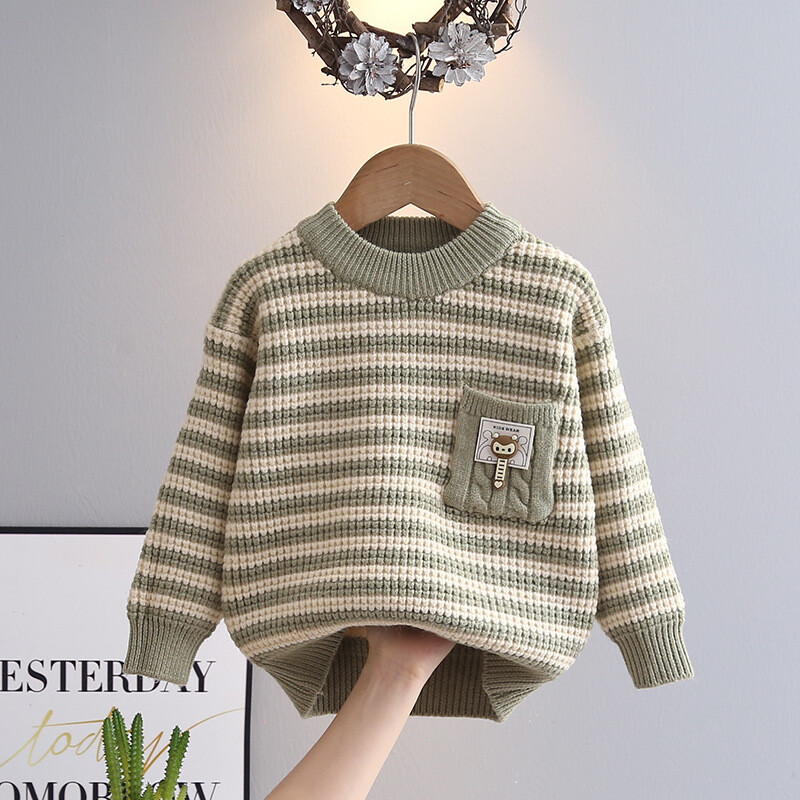 Aukštos kokybės megztinis su kišene Žiemos berniukas Vaikiškas storas megztas marškiniai su iškirpte Stripes Little Boys Megztinis laisvalaikio megztiniai HY09112