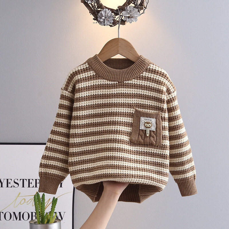 Aukštos kokybės megztinis su kišene Žiemos berniukas Vaikiškas storas megztas marškiniai su iškirpte Stripes Little Boys Megztinis laisvalaikio megztiniai HY09112