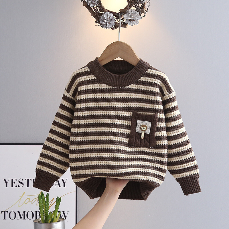 Aukštos kokybės megztinis su kišene Žiemos berniukas Vaikiškas storas megztas marškiniai su iškirpte Stripes Little Boys Megztinis laisvalaikio megztiniai HY09112
