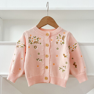 Kūdikių kūdikių mergaičių mezgimo megztinis bamblys mergaičių megztinis paltas Rudens pavasario siuvinėtos gėlytės ilgomis rankovėmis megztinis