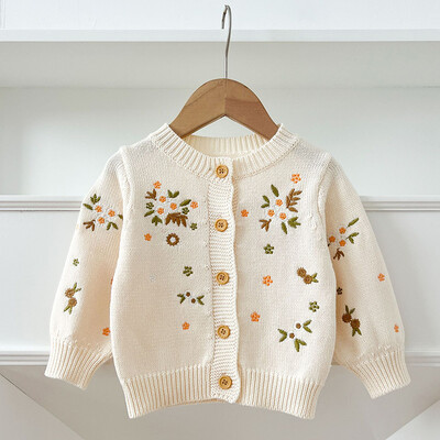 Kūdikių kūdikių mergaičių mezgimo megztinis bamblys mergaičių megztinis paltas Rudens pavasario siuvinėtos gėlytės ilgomis rankovėmis megztinis