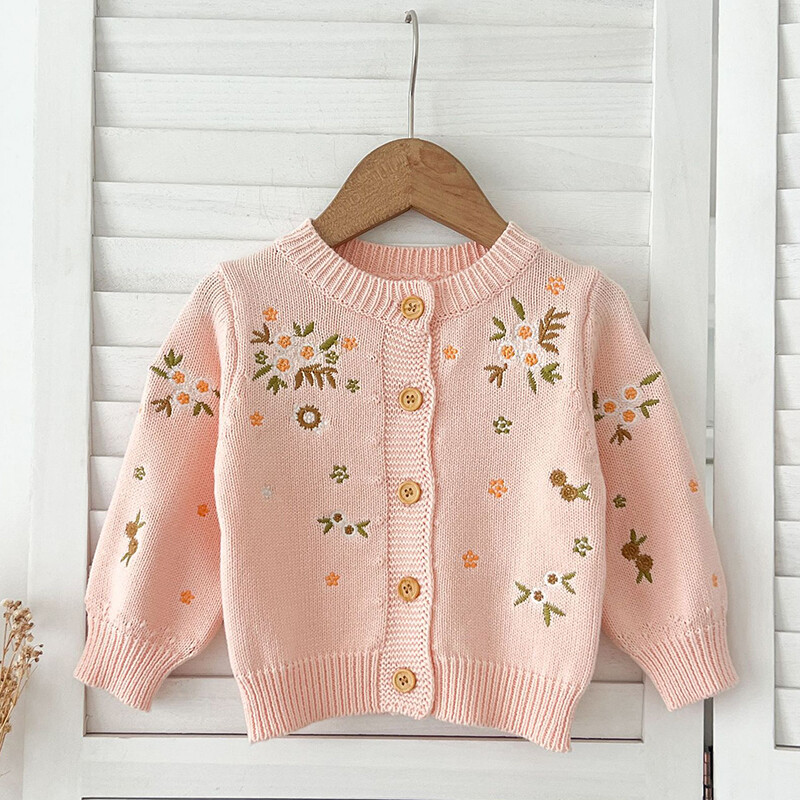 Kūdikių kūdikių mergaičių mezgimo megztinis bamblys mergaičių megztinis paltas Rudens pavasario siuvinėtos gėlytės ilgomis rankovėmis megztinis