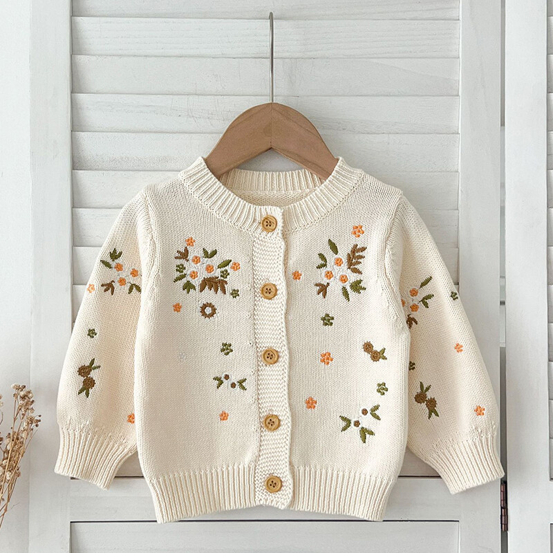 Kūdikių kūdikių mergaičių mezgimo megztinis bamblys mergaičių megztinis paltas Rudens pavasario siuvinėtos gėlytės ilgomis rankovėmis megztinis