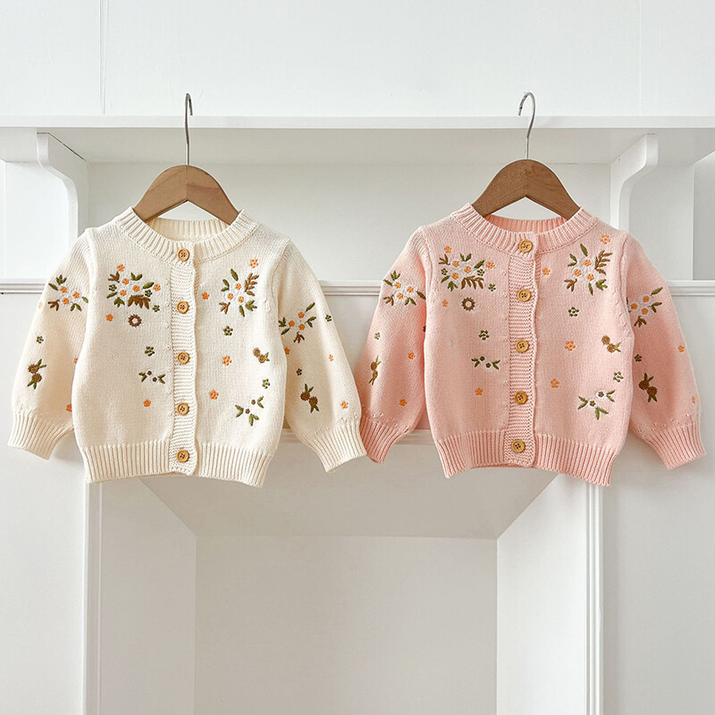 Kūdikių kūdikių mergaičių mezgimo megztinis bamblys mergaičių megztinis paltas Rudens pavasario siuvinėtos gėlytės ilgomis rankovėmis megztinis