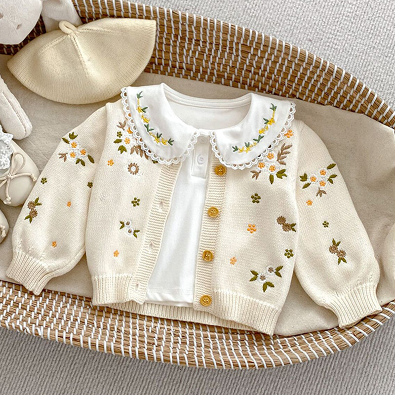 Kūdikių kūdikių mergaičių mezgimo megztinis bamblys mergaičių megztinis paltas Rudens pavasario siuvinėtos gėlytės ilgomis rankovėmis megztinis
