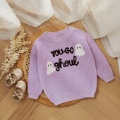MISOWMNJOY Halloween Baby Girl Kötött pulóver gyerekeknek Ghost Letters Hímzés Meleg horgolt hosszú ujjú pulóver csecsemő kötöttáru