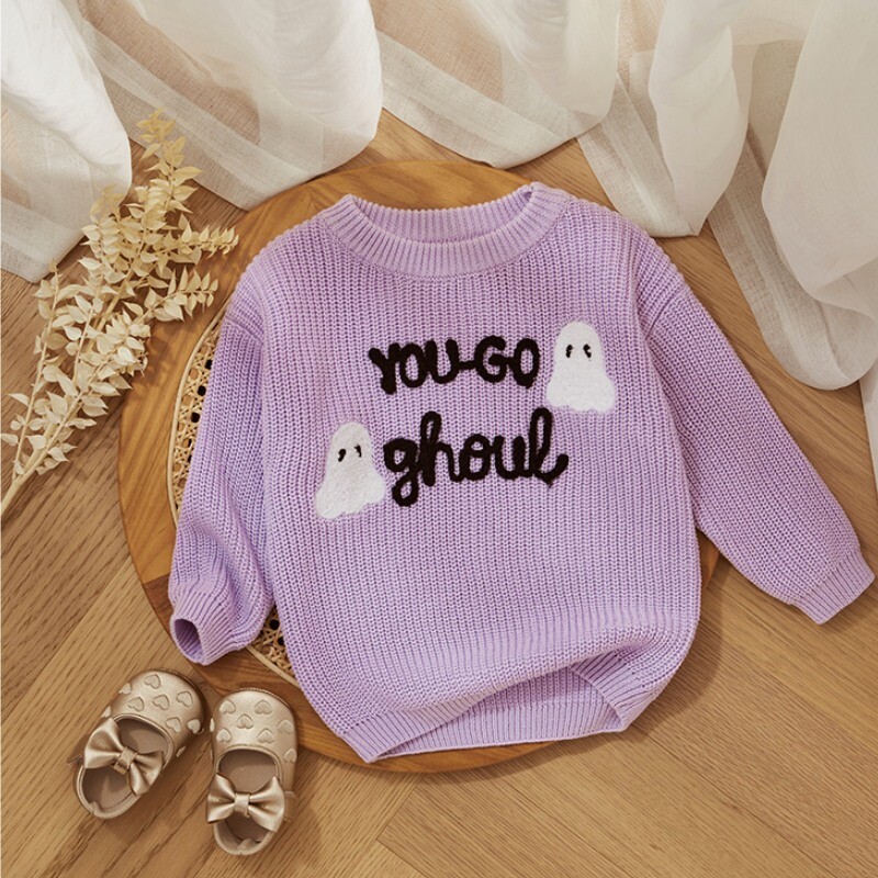 MISOWMNJOY Halloween Baby Girl Kötött pulóver gyerekeknek Ghost Letters Hímzés Meleg horgolt hosszú ujjú pulóver csecsemő kötöttáru