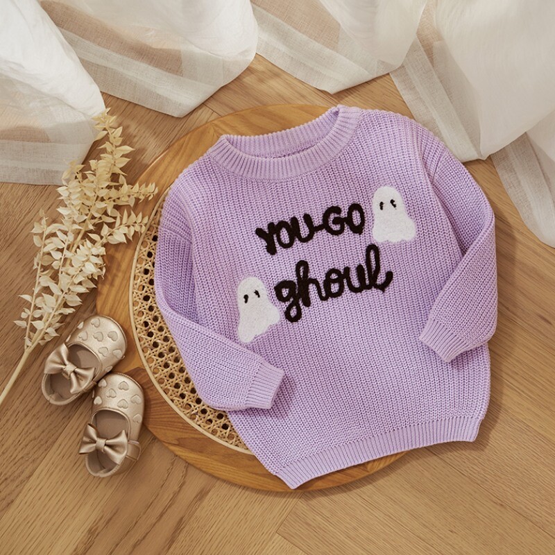 MISOWMNJOY Halloween Baby Girl Kötött pulóver gyerekeknek Ghost Letters Hímzés Meleg horgolt hosszú ujjú pulóver csecsemő kötöttáru