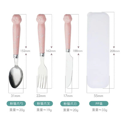 Radoša multfilma nerūsējošā tērauda dakšas karotes irbulīši trīs daļās jauks studentu karotes irbulīši, pārnēsājamu galda piederumu komplekts