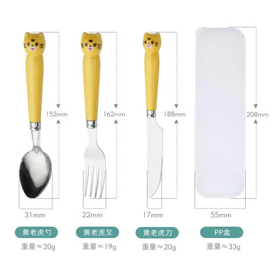 Radoša multfilma nerūsējošā tērauda dakšas karotes irbulīši trīs daļās jauks studentu karotes irbulīši, pārnēsājamu galda piederumu komplekts