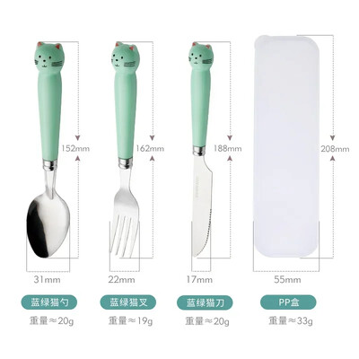 Radoša multfilma nerūsējošā tērauda dakšas karotes irbulīši trīs daļās jauks studentu karotes irbulīši, pārnēsājamu galda piederumu komplekts