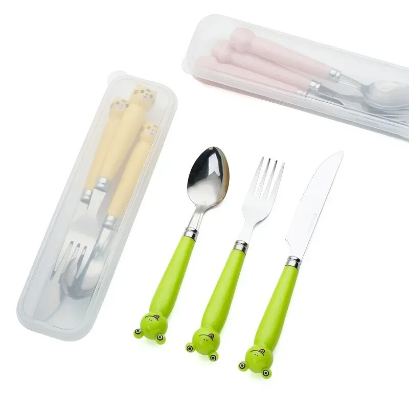 Radoša multfilma nerūsējošā tērauda dakšas karotes irbulīši trīs daļās jauks studentu karotes irbulīši, pārnēsājamu galda piederumu komplekts