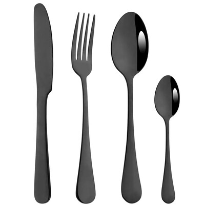 Veidrodinis 4 dalių rinkinys juodas stalo įrankių rinkinys nerūdijančio plieno indų peilis šakutė šaukštas sidabrinis stalo reikmenų rinkinys vakarietiškos virtuvės reikmenų rinkinys